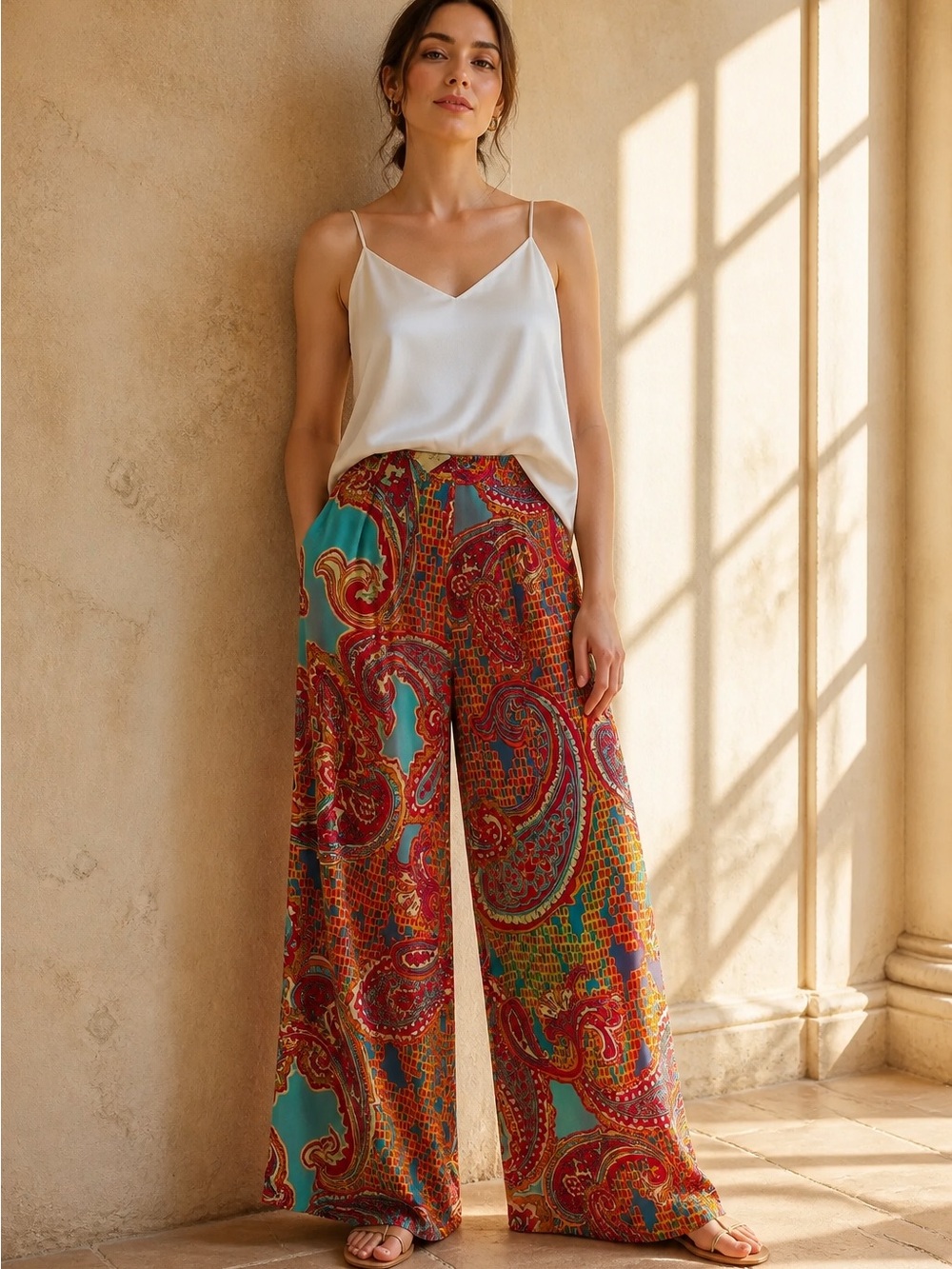 Karlie Women’s Small Palazzo Pants Wide Leg Paisley Mosaic Print Elastic Waist